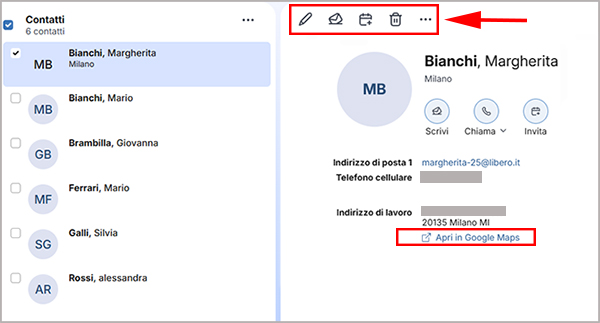 La scheda dei contatti nella rubrica di Libero Mail