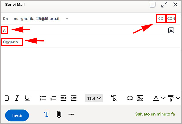 Come compilare i campi destinatari CC CCN e l’oggetto su Libero Mail