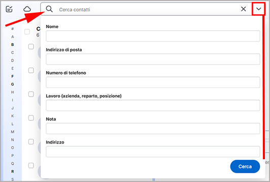 La ricerca di un contatto nella Rubrica di Libero Mail