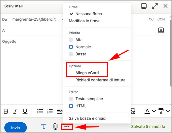 Come allegare una vCard quando invio una mail su Libero Mail