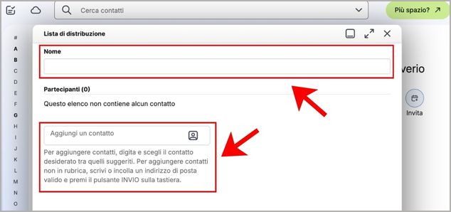 Sezioni per aggiungere nuovi contati alla lista di distribuzione di Libero Mail