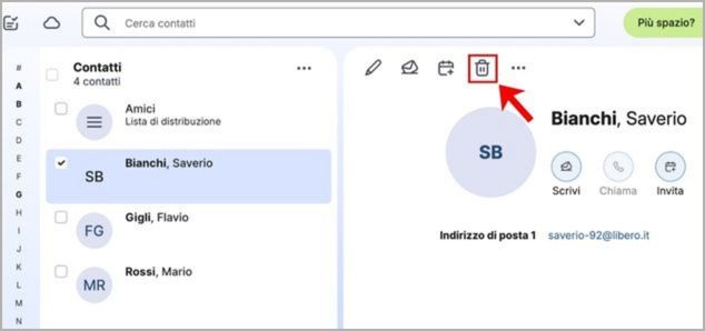 Pulsante per eliminare un contatto dalla rubrica di Libero Mail