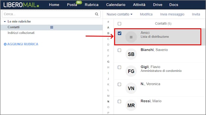 rubrica con lista distribuzione libero mail