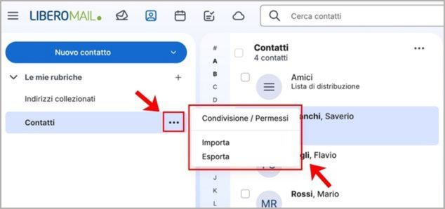 Pulsanti per condividere, importare ed esportare contatti nella rubrica di Libero Mail