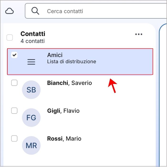 Lista contatti creata e rinominata su Libero Mail