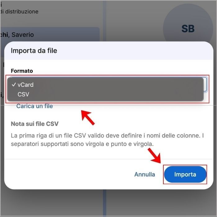 Scheda per importare contatti nella rubrica di Libero Mail