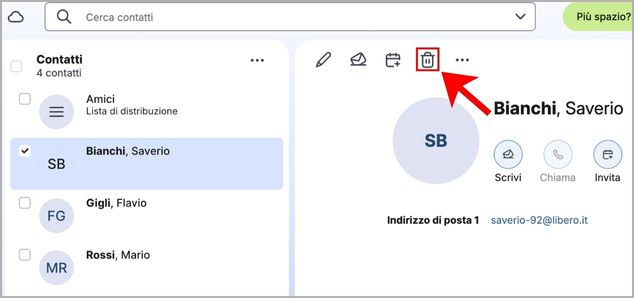 Pulsante per eliminare un contatto dalla lista di distribuzione di Libero Mail