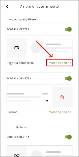 azioni di scorrimento libero mail app