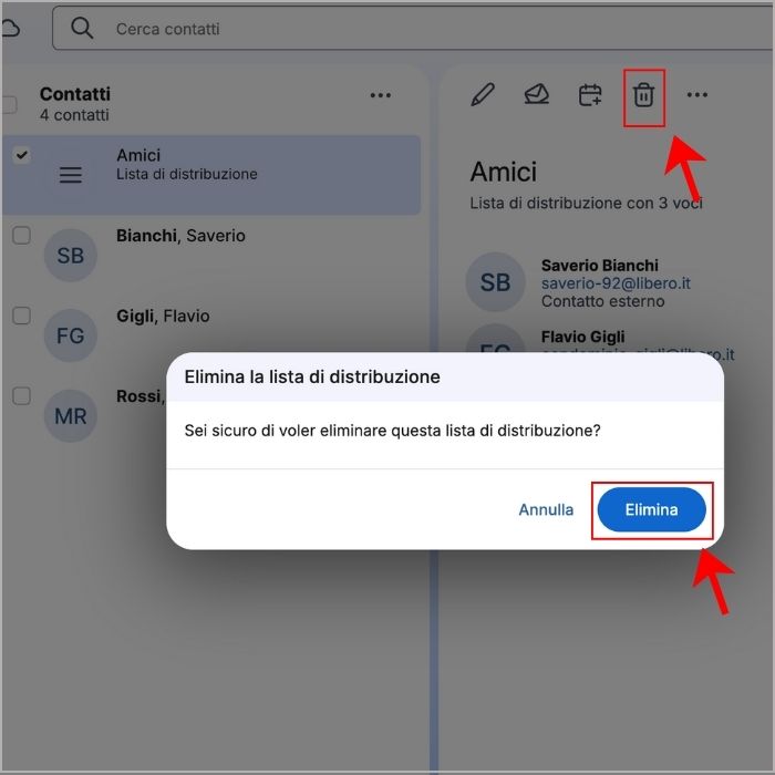 Pulsante per eliminare una distribuzione su Libero Mail