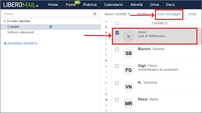 invia messaggio lista distribuzione libero mail