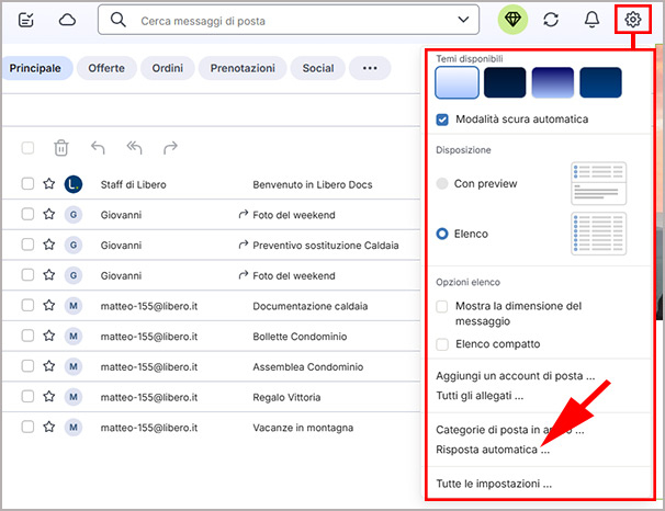 Come accedere alla compilazione della risposta automatica su Libero Mail