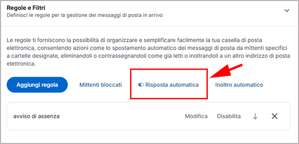 Avviso attivo di risposta automatica nelle impostazioni di Libero Mail