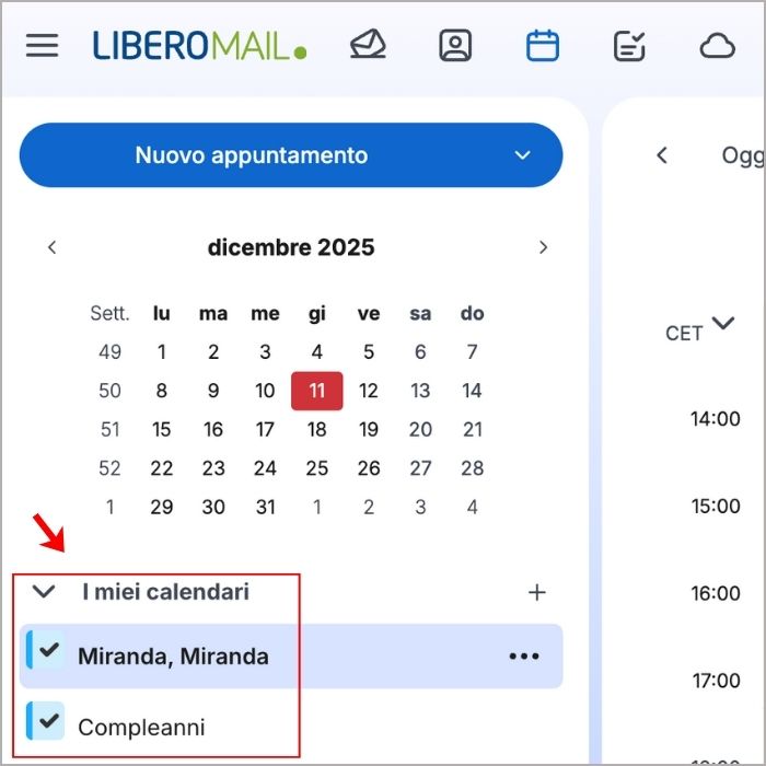 Menu per visualizzare eventi nel calendario di Libero Mail