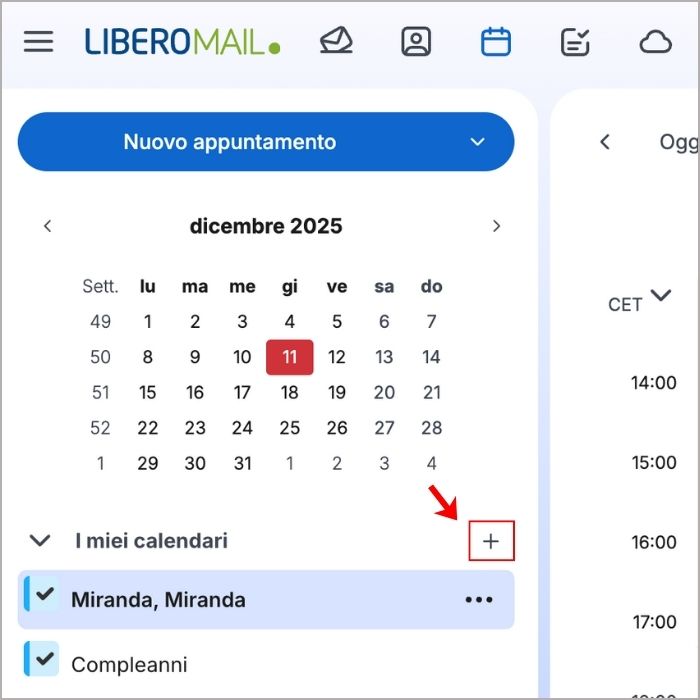 Pulsante per aggiungere un nuovo calendario in Libero Mail