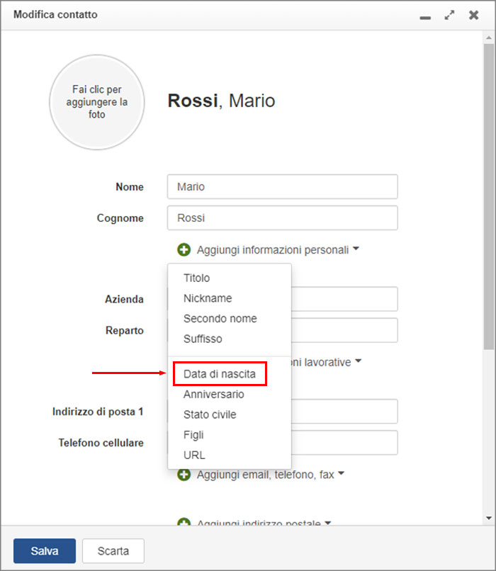 data nascita scheda contatto rubrica libero mail