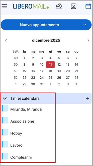 Elenco dei calendari creati in Libero Mail