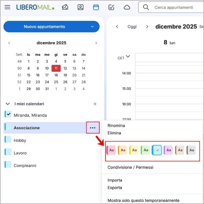 Menu di personalizzazione cromatica dei calendari di Libero Mail