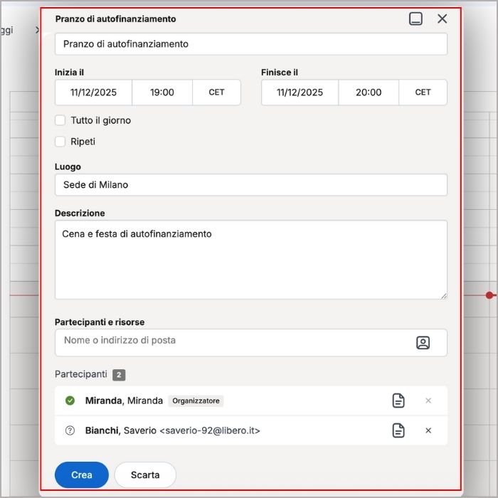 Menu dettagli nuovo appuntamento in calendario su Libero Mail