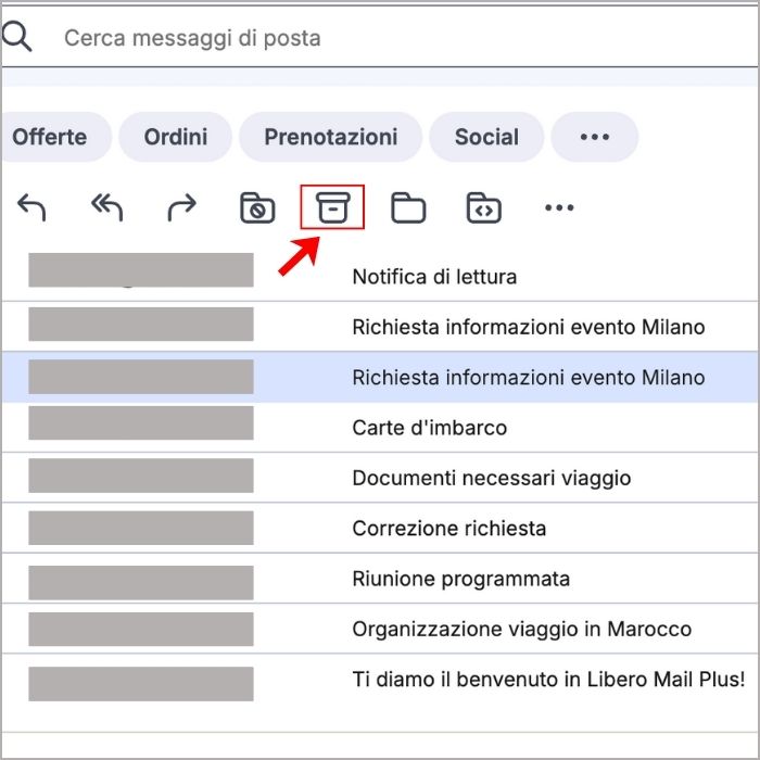 Pulsante per l’archiviazione dei messaggi di posta su Libero Mail