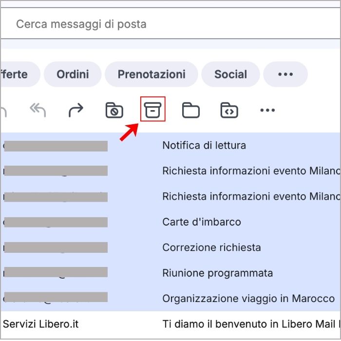 Pulsante per l’archiviazione dei messaggi di posta su Libero Mail