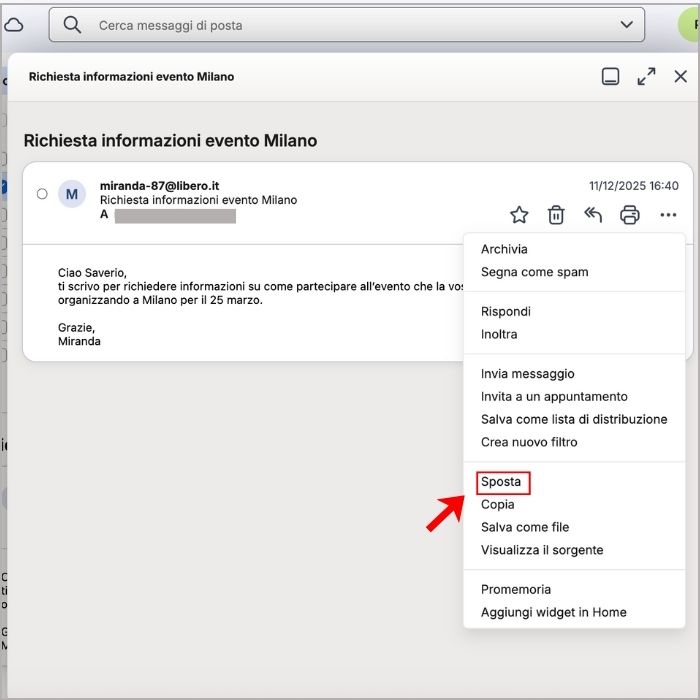 Pulsante per spostare i messaggi di posta su Libero Mail