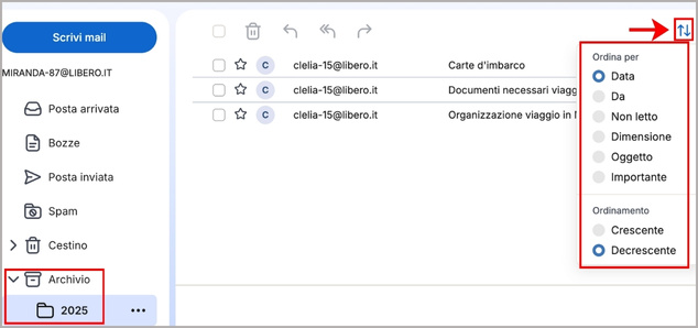 Pulsante per creare cartelle nell’archivio di Libero Mail