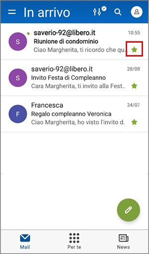 Filtro per email in Preferiti con Libero Mail App