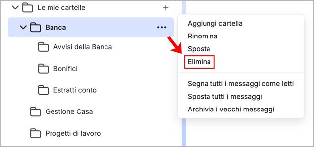 Pulsante eliminazione cartelle posta su Libero Mail