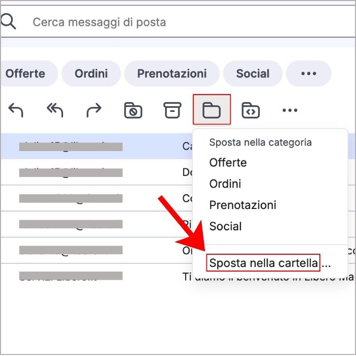 Pulsante per spostare posta su Libero Mail