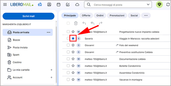 Email importante contrassegnata con stella su Libero Mail