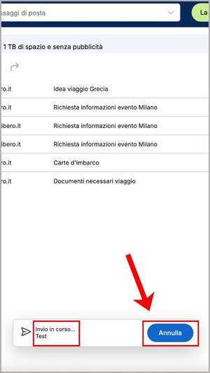 Tasto per annullare l’invio in corso di una mail su Libero Mail