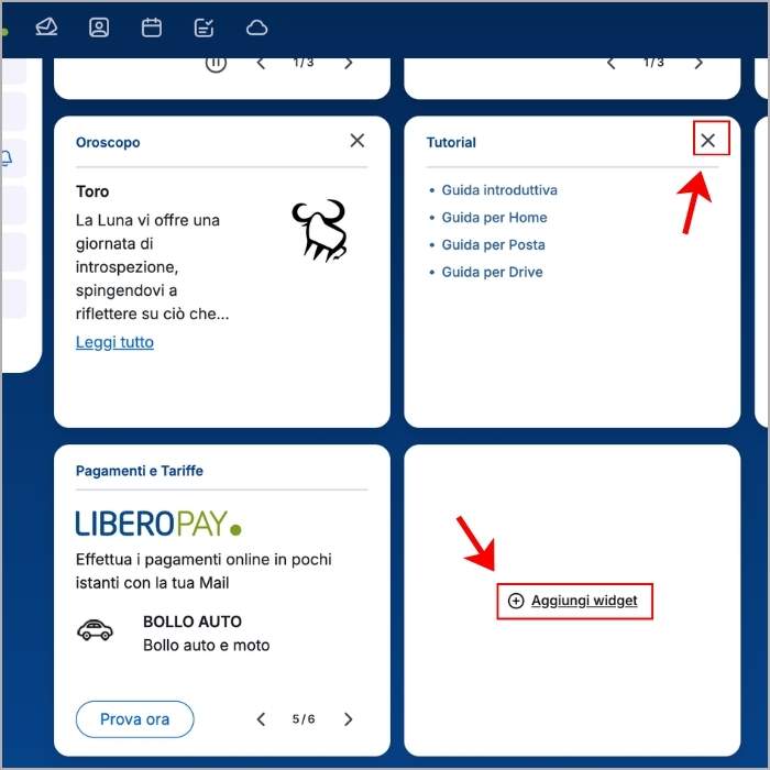 Tasti per rimuovere e aggiungere widget su Libero Mail