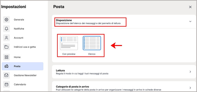 Men&ugrave; per personalizzare la visione dei messaggi su Libero Mail