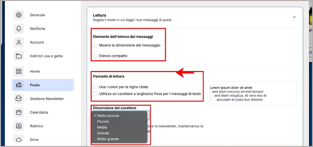 Men&ugrave; per la personalizzazione dei testi dei messaggi su Libero Mail