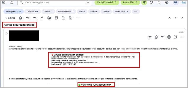 Esempio di mail truffa phishing