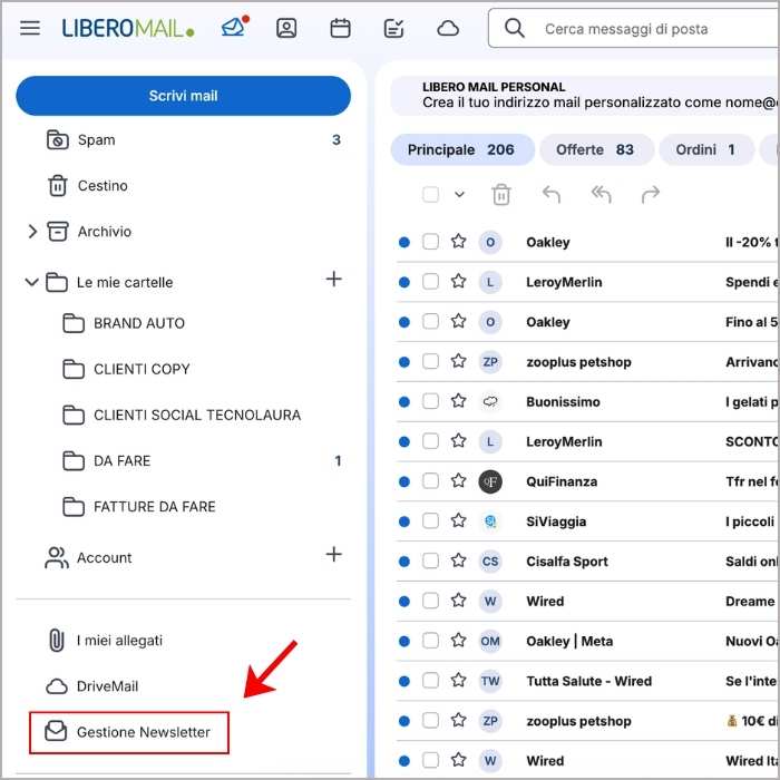 Tasto Gestione Newsletter su Libero Mail
