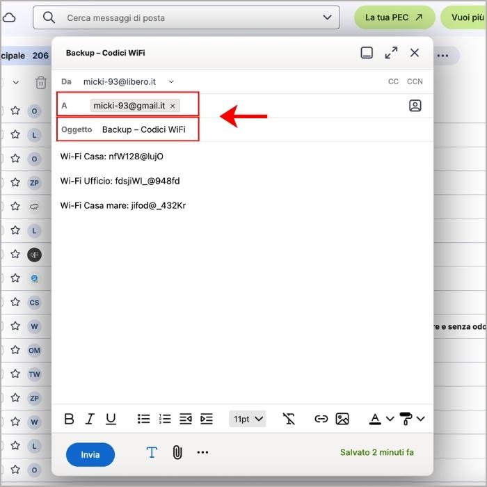 Invio mail backup password Wi-Fi