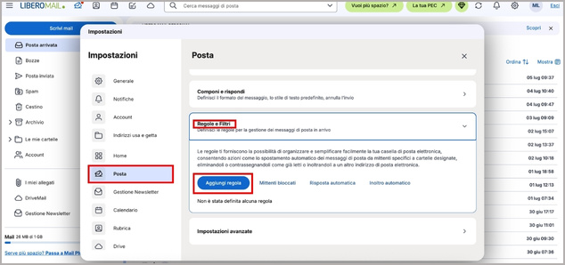 Aggiungi regole su Libero Mail