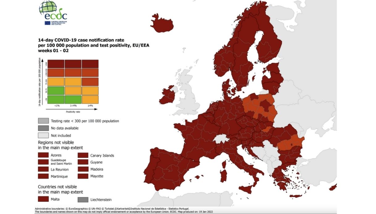 Mappa Ecdc Covid 20 gennaio, Italia tutta in "rosso scuro": massimo rischio epidemiologico