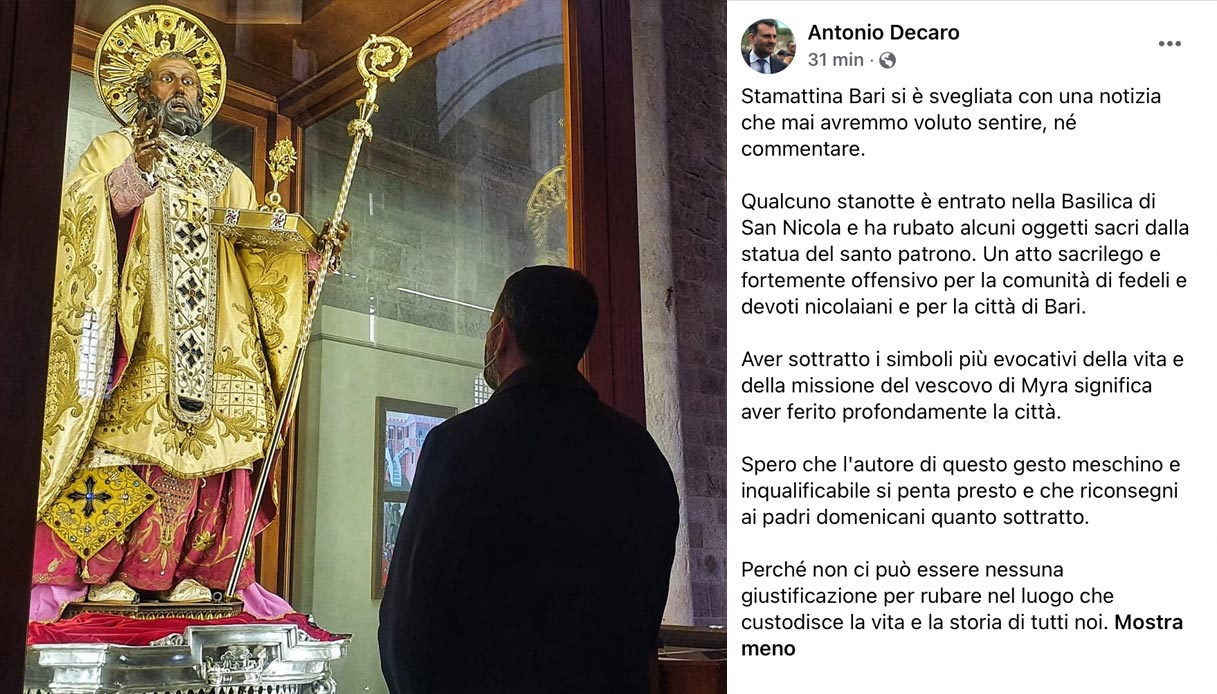 Furto nella Basilica di San Nicola a Bari, rubati gli oggetti sacri dalle mani del patrono