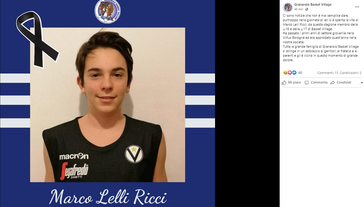 Marco Lelli Ricci, giovane promessa del basket, morto a 15 anni in un incidente stradale a Cento