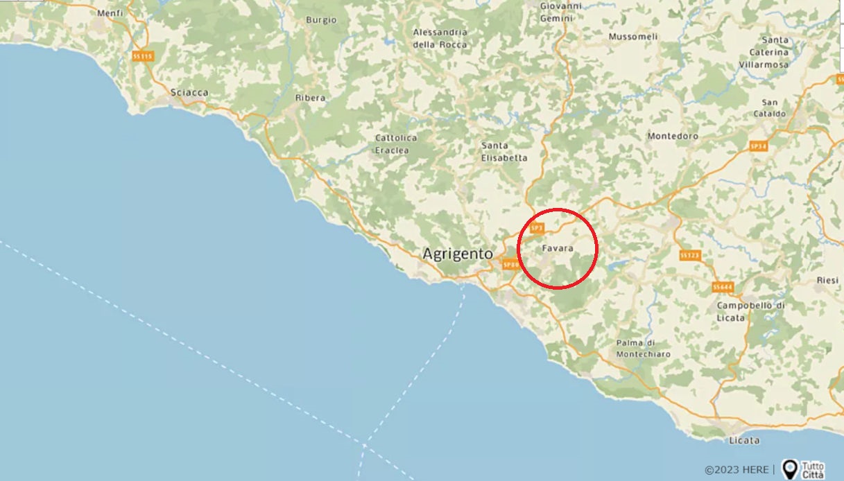 Cartina che mostra la posizione di Favara in Sicilia