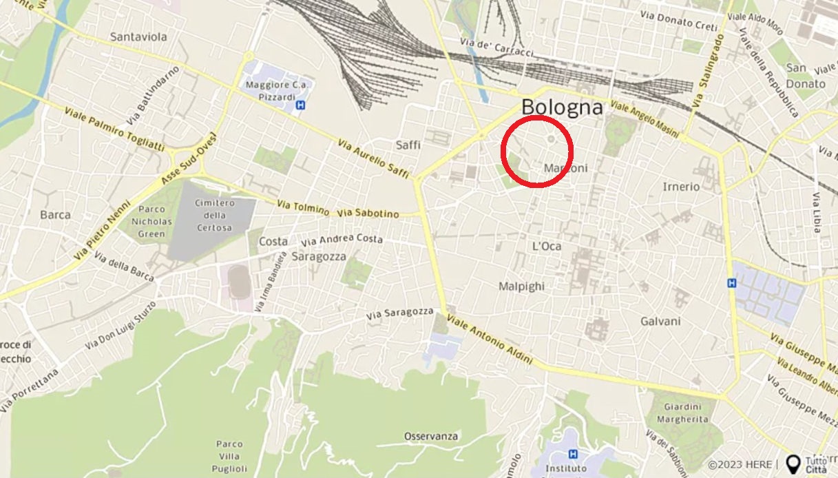 Una mappa che mostra dove è avvenuta la presunta violenza sessuale a Bologna