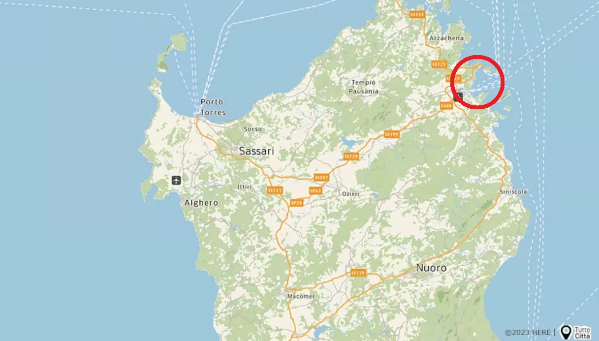Una mappa della Sardegna che mostra il luogo in cui è esploso il camper