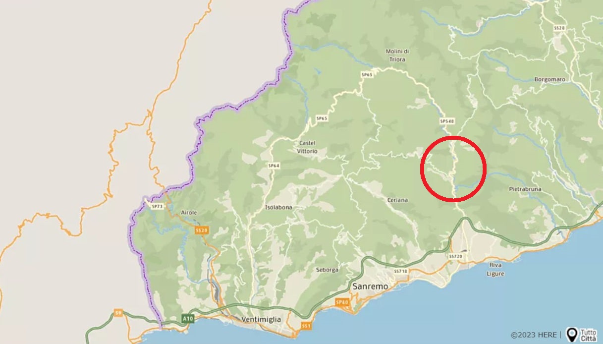 Una mappa che mostra la zona del rogo fra Taggia e Badalucco