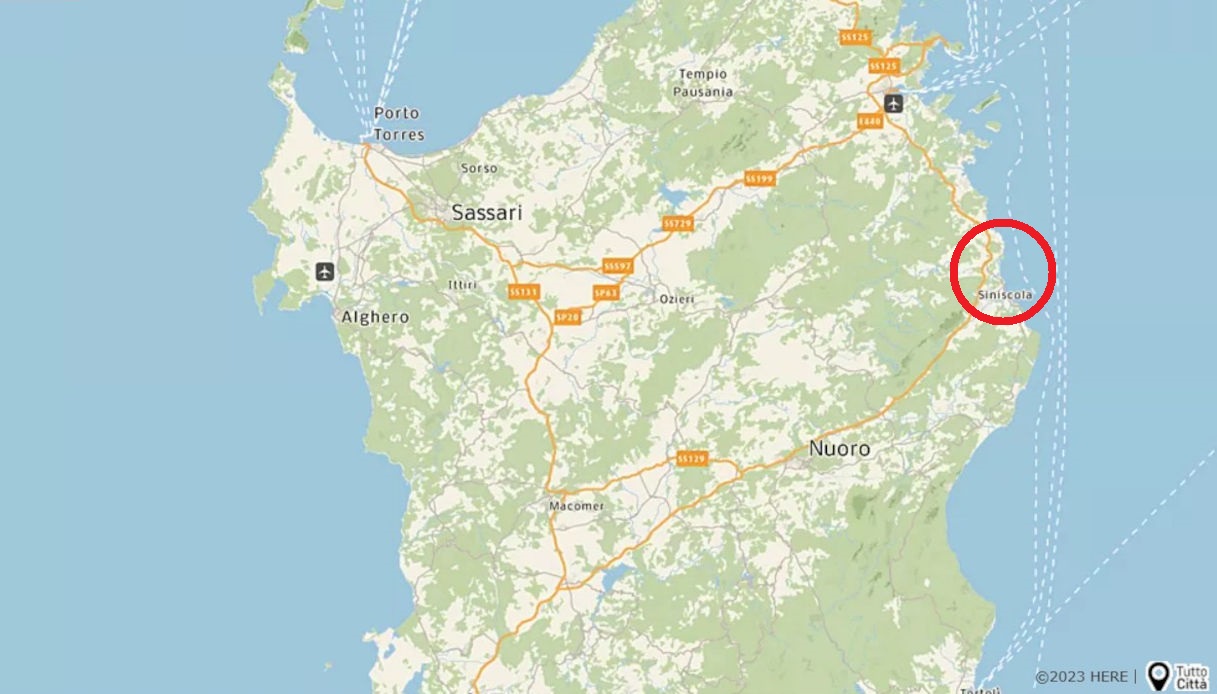 Una mappa che mostra la posizione della Caletta di La Caletta vicino a Siniscola in Sardegna