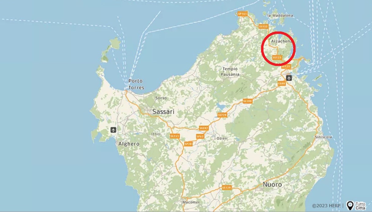 Una mappa che mostra il luogo in cui si è verificato l'incidente motociclistico nel nord della Sardegna