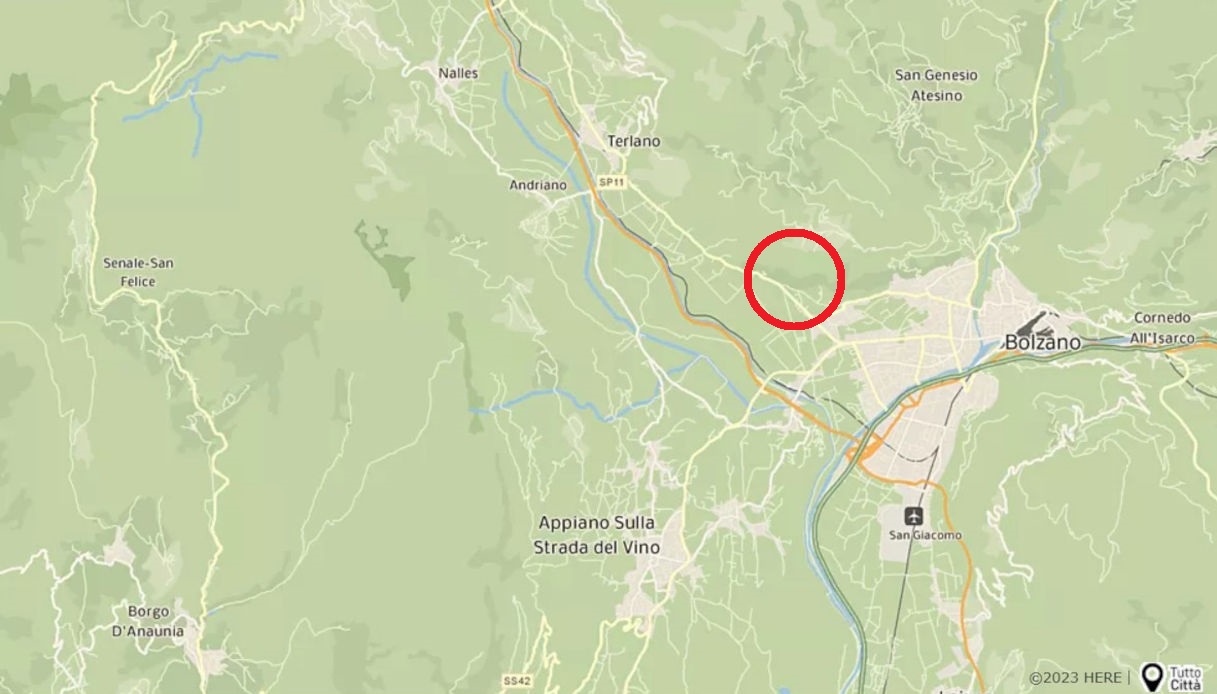 Una mappa di Bolzano che mostra dove è avvenuto l'incidente in tuta alare