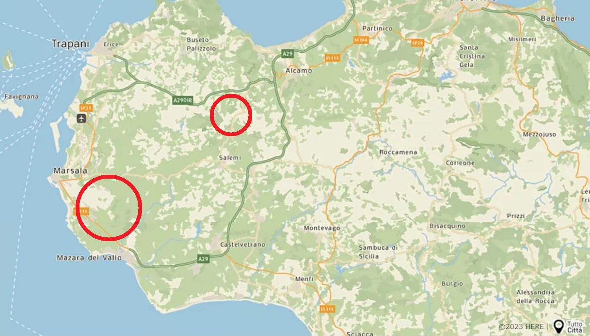 Una mappa che mostra i luoghi dell'omicidio-suicidio avvenuto in provincia di Trapani