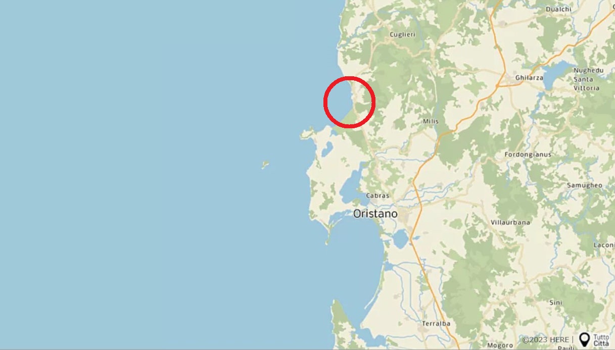 Una mappa che mostra la posizione della spiaggia di Is Arenas